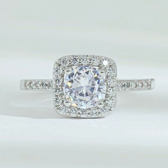 Silver Rhodium and White Diamond Cubic Zirconia Square Halo Ring - Picture 11 of 13